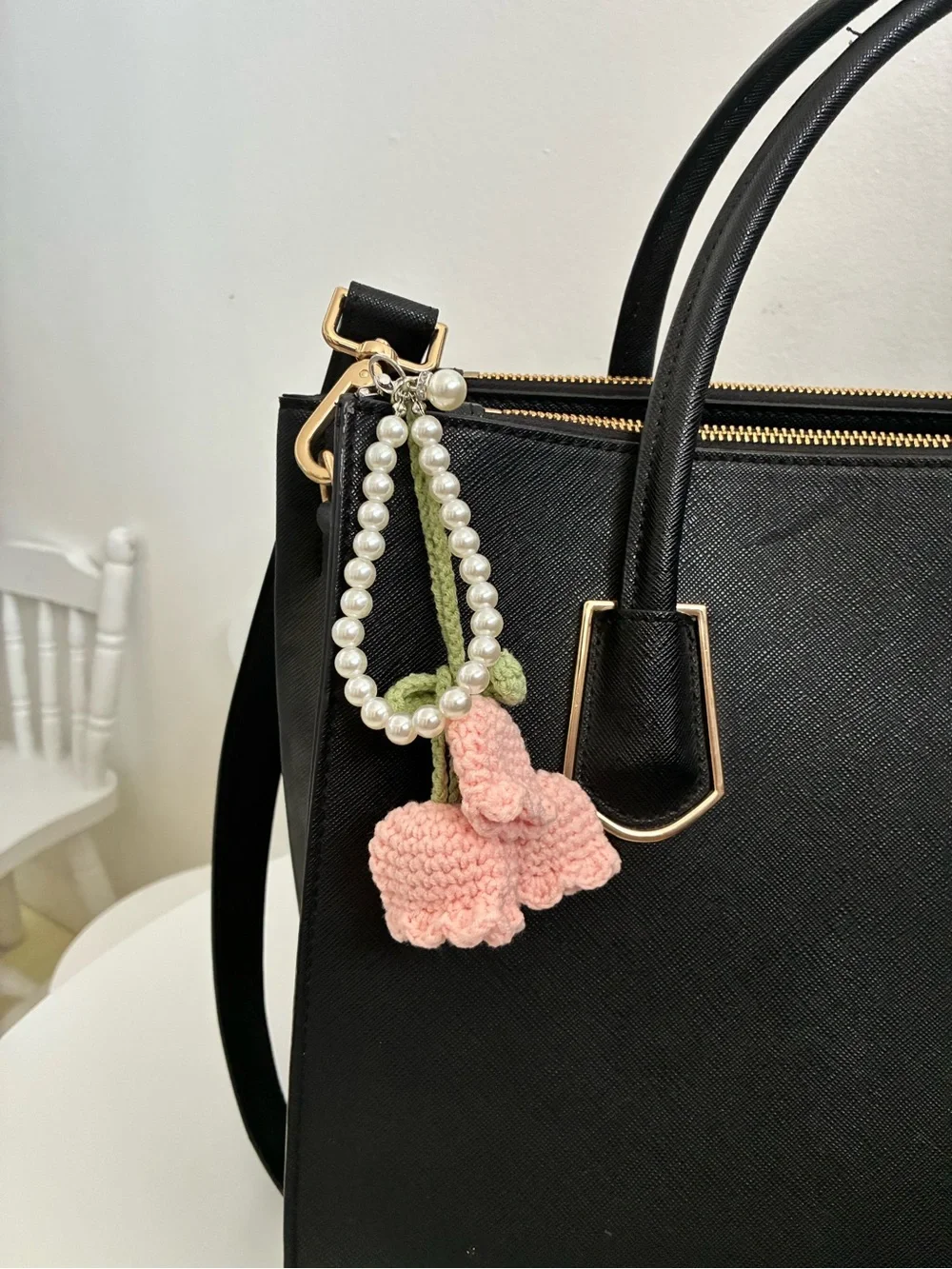Pink Crochet Cherry Keychain Wristlet with Pearl Beads
